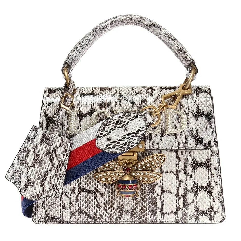 Gucci Black and White Snakeskin 'LOVED' Bee Top Handle Shoulder Bag